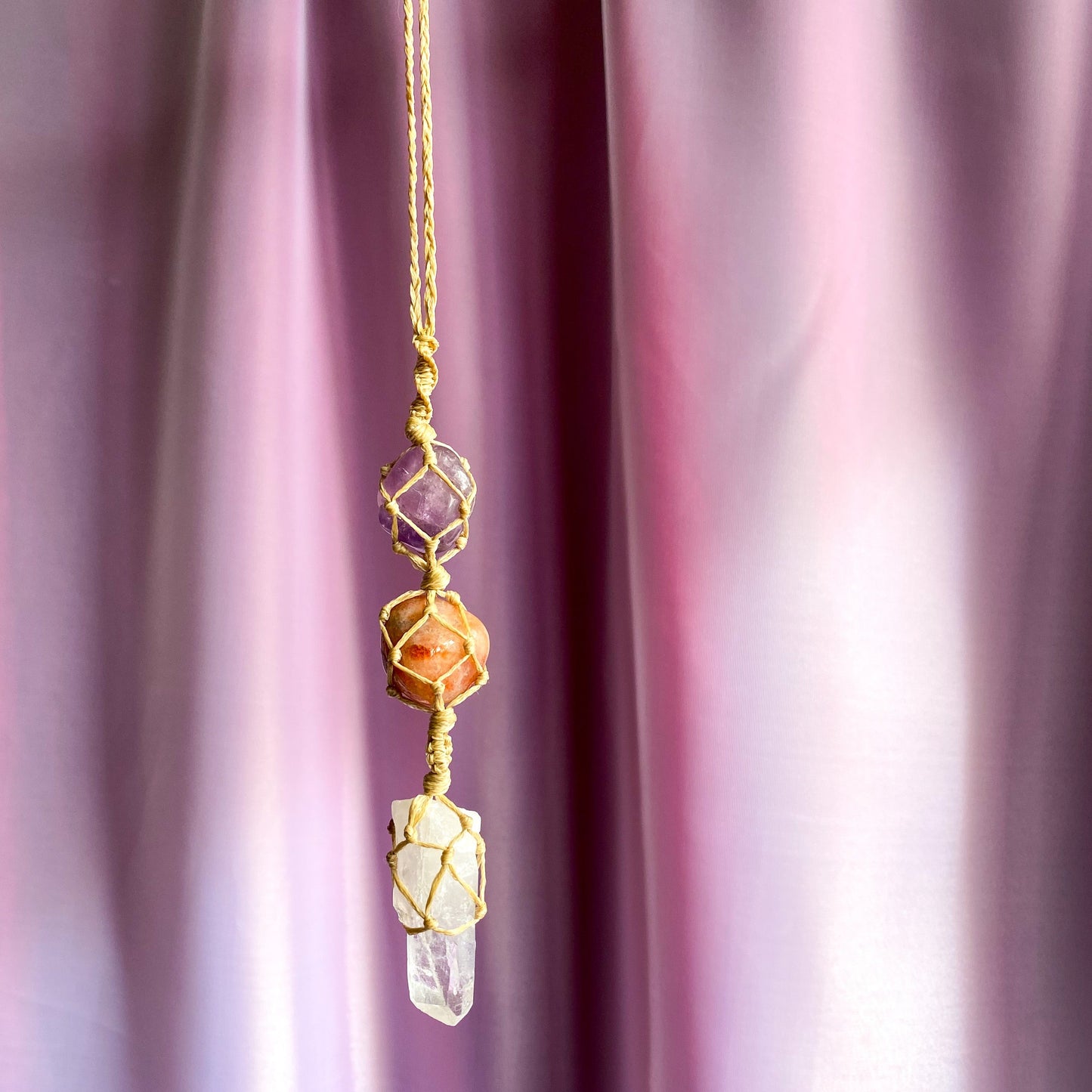 Amethyst, Sunstone & Clear Quartz - Macrame Rearview Hanging