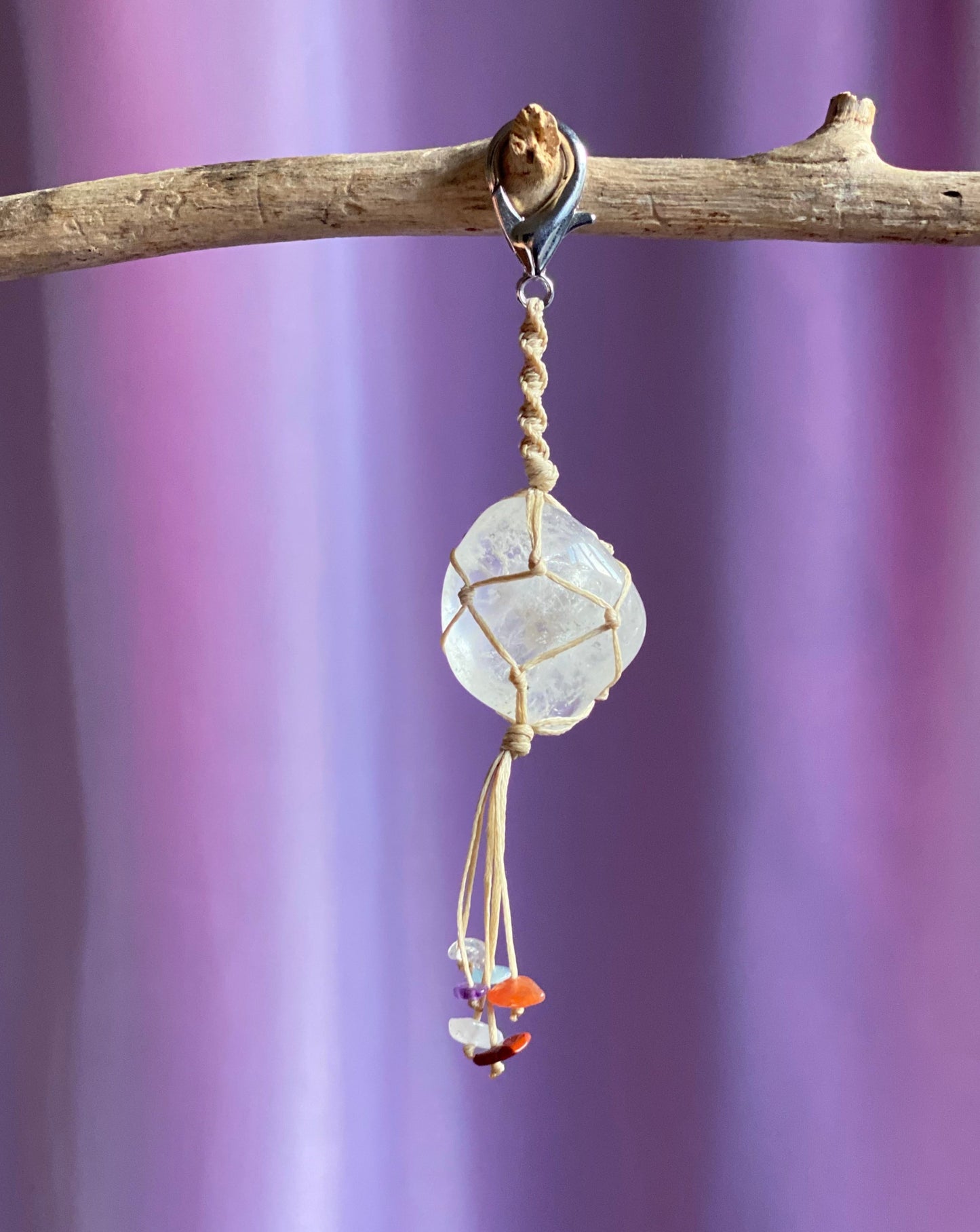 Clear Quartz Macrame Bag Clip / Key Clip